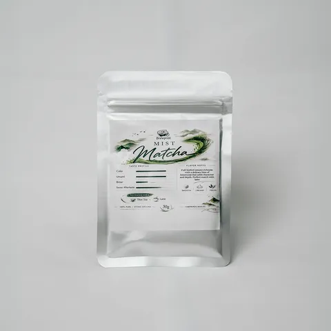 Silver pouch of Brewprint Mist Matcha ceremonial grade, front view